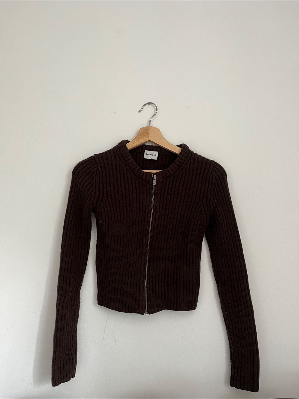 Ribbed Zip-Front Sweater in Dark Brown